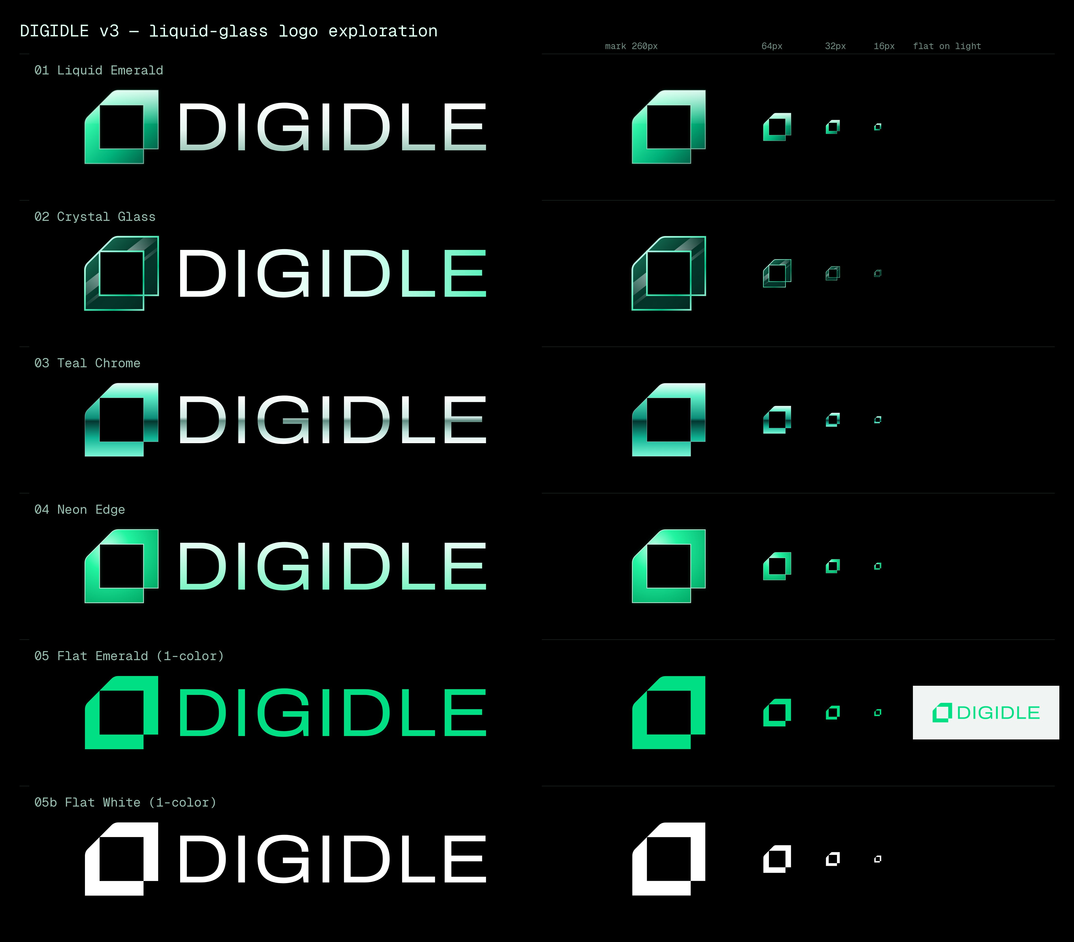 Logo contact sheet: Digidle mark and wordmark in six finishes, with 64, 32 and 16 px favicon checks and a flat version on light background