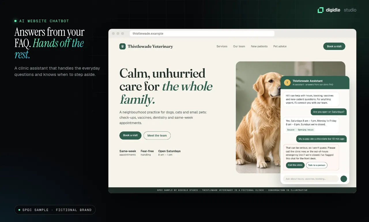 Vet clinic website with a chat assistant open