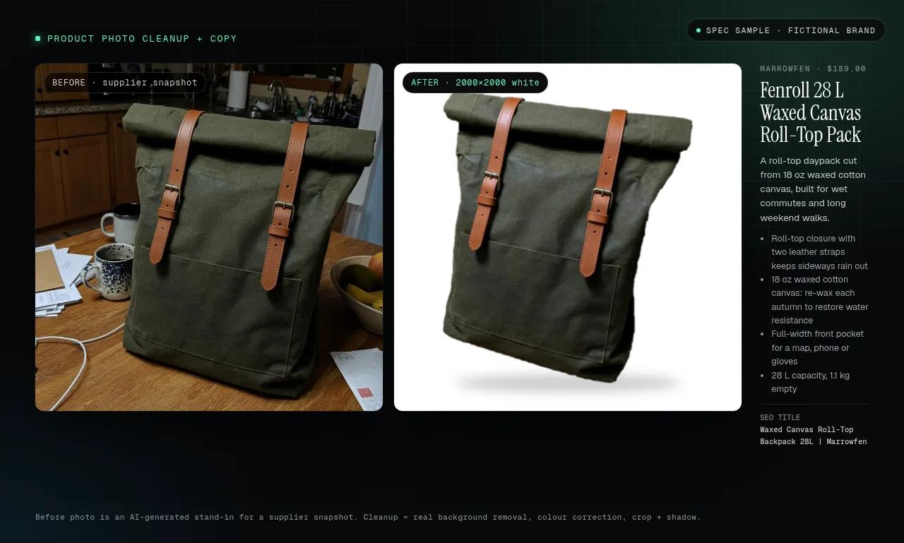 Backpack photo before and after cleanup on white