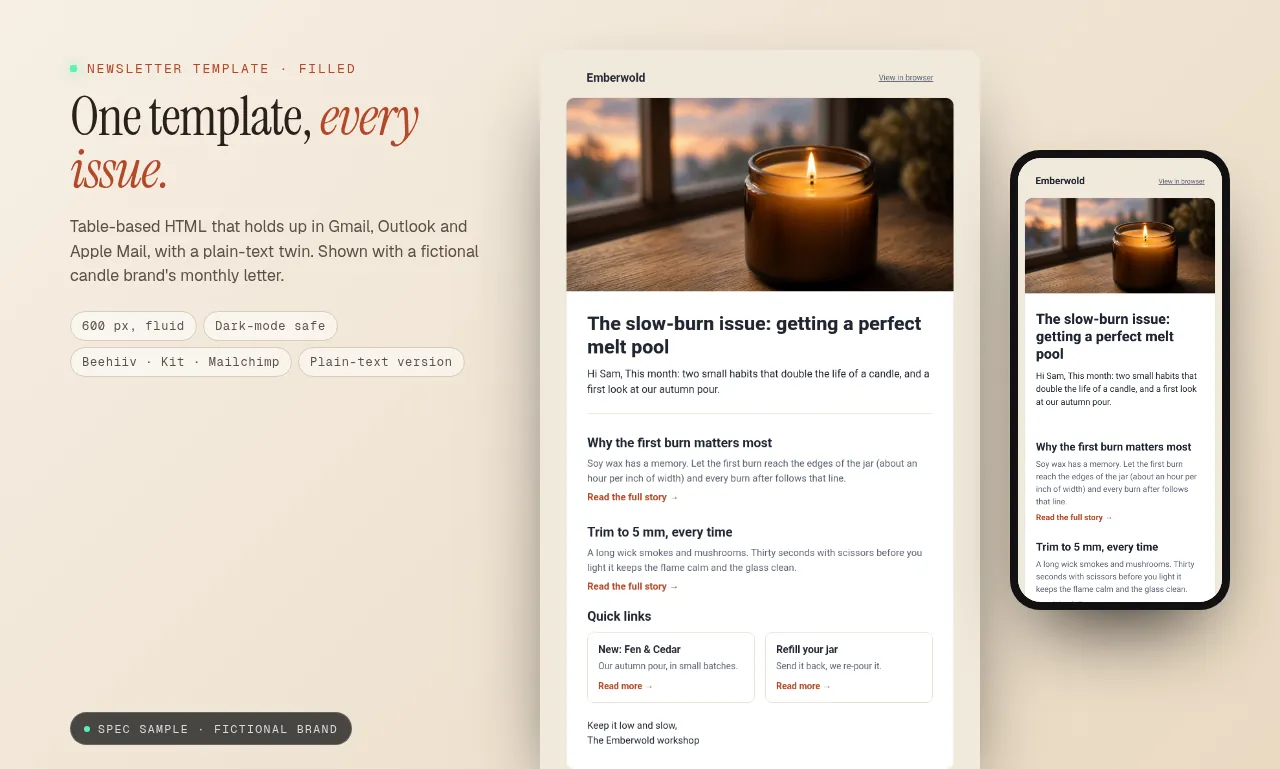 Emberwold newsletter on desktop and mobile