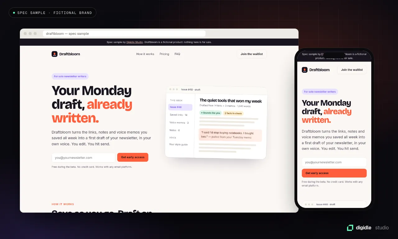 Draftbloom landing page on desktop and mobile