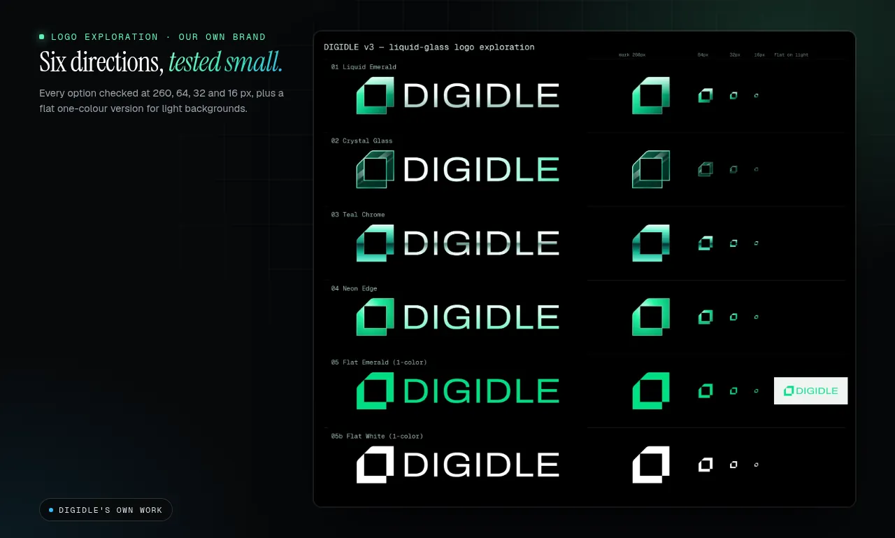 Digidle logo contact sheet: six finishes of the mark and wordmark with small-size checks