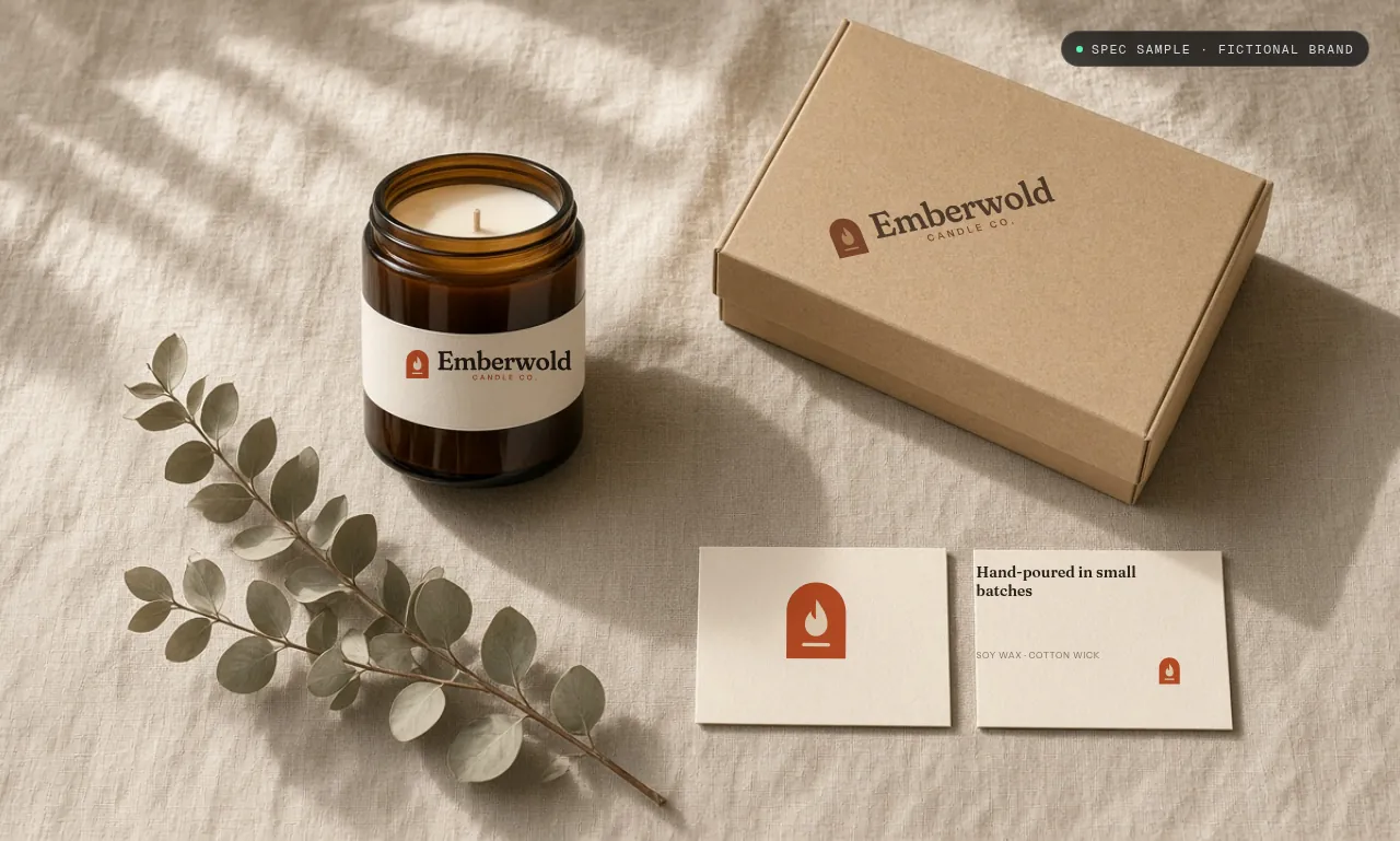 Emberwold candle brand kit: logo on a candle jar, box and cards in a product flat-lay