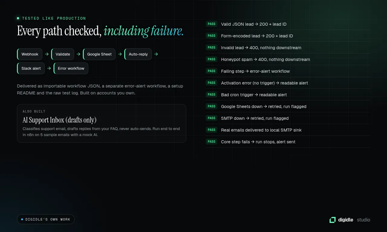 List of the 11 passed test checks for the lead capture workflow