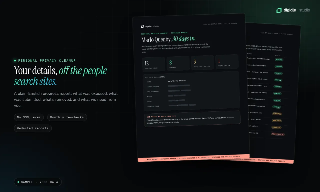 Privacy cleanup report with redacted personal details