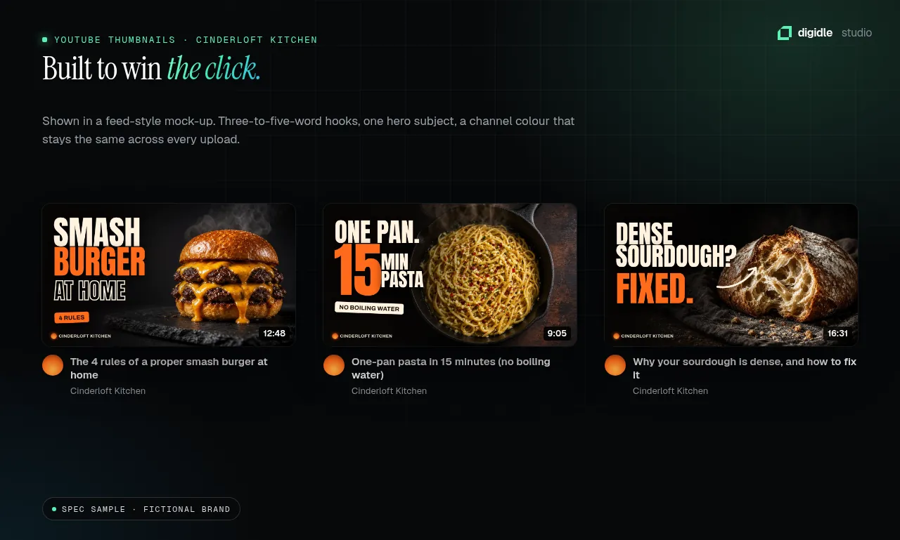Three food YouTube thumbnails in a feed mock-up
